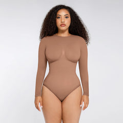 Shape Essence Women's Seamless Bodysuit | Long Sleeve Crew Neck Shapewear with Bust Support & Waist Slimming for Tummy Control