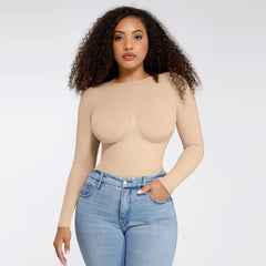 Shape Essence Women's Seamless Bodysuit | Long Sleeve Crew Neck Shapewear with Bust Support & Waist Slimming for Tummy Control
