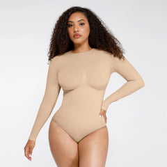 Shape Essence Women's Seamless Bodysuit | Long Sleeve Crew Neck Shapewear with Bust Support & Waist Slimming for Tummy Control