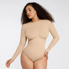 Shape Essence Women's Seamless Bodysuit | Long Sleeve Crew Neck Shapewear with Bust Support & Waist Slimming for Tummy Control