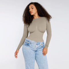 Shape Essence Women's Seamless Bodysuit | Long Sleeve Crew Neck Shapewear with Bust Support & Waist Slimming for Tummy Control