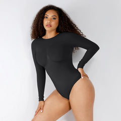 Shape Essence Women's Seamless Bodysuit | Long Sleeve Crew Neck Shapewear with Bust Support & Waist Slimming for Tummy Control