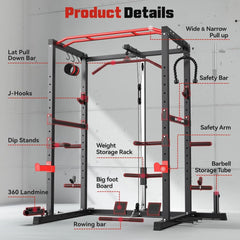 SportsRoyals Elite Power Rack | Multi-Functional Power Cage with LAT Pulldown Pulley System & Squat Rack Attachments for Home Gym Strength Training