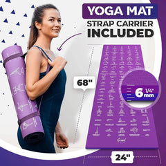 PoseGuide Instructional Yoga Mat with Illustrated Poses & Stretches | 75 Yoga Poses Printed with Carrying Strap – Perfect for Beginners & Home Workouts