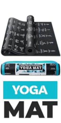 PoseGuide Instructional Yoga Mat with Illustrated Poses & Stretches | 75 Yoga Poses Printed with Carrying Strap – Perfect for Beginners & Home Workouts