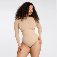 Shape Essence Women's Seamless Bodysuit | Long Sleeve Crew Neck Shapewear with Bust Support & Waist Slimming for Tummy Control
